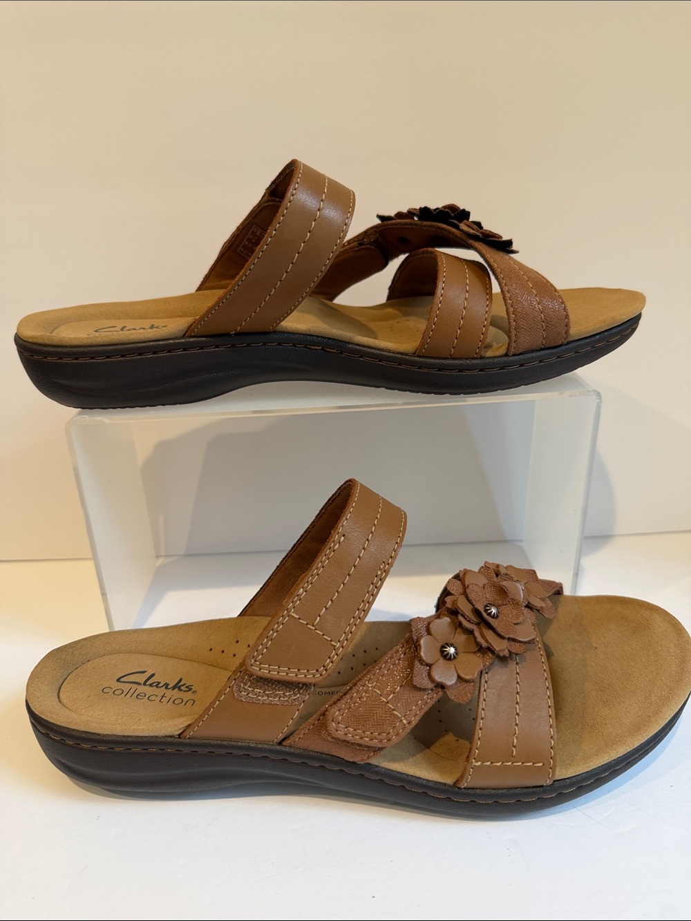 Clarks Brown Leather Floral Slide Sandals